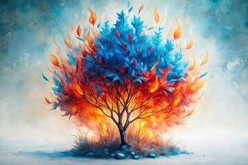 Watercolor painting of a burning bush with blue and red flames, macro close-up