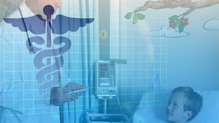 Wall Mural - Animation of medical snake sign over caucasian male doctor with boy patient