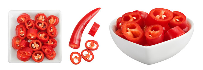 red hot chili pepper slices in ceramic bowl isolated on white background. Top view. Flat lay.