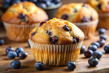 Close-up of a blueberry muffin with selective emphasis on the front of the muffin