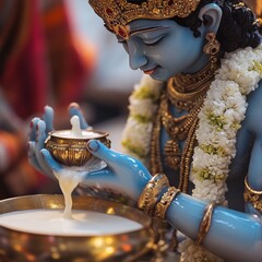 Poster - A Hindu deity, Krishna,  with a blue skin tone, holds a brass cup filled with milk being poured into a larger brass bowl.