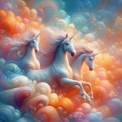 Three Magical Unicorns Flying in a Dreamy Cloudscape of Pastel Colors