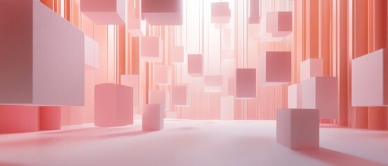 Wall Mural - A pink room with many white cubes hanging from the ceiling