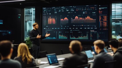 Wall Mural - A business professional discusses data trends and analytics with colleagues in a contemporary conference room, utilizing visual aids on a large screen