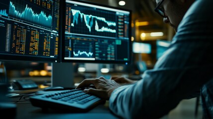 Wall Mural - A trader focuses intently on market data displayed across multiple monitors, analyzing trends and making decisions in a dimly lit office environment during the evening