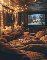 Wall Mural - A cozy room with large brown velvet couches, warm lights, and string lights around the edges of the walls. A big-screen TV on the wall is playing a movie. Lots of pillows