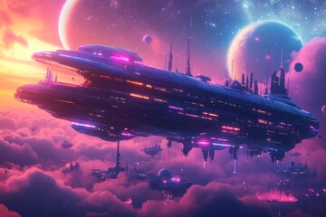 Futuristic Cityscape with Flying Spaceships and Planets