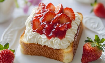 Poster - toast topped with strawberry jam and a white cream flower pattern