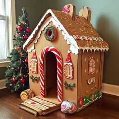 Sticker - A large cardboard gingerbread house decorated with candy and lights stands in a room with a Christmas tree.