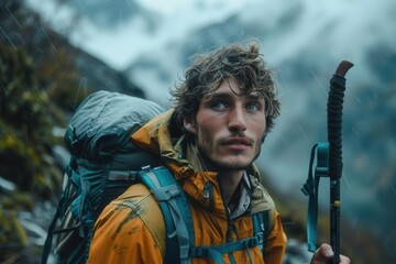 Young man with a hiking stick, exploring a mountain trail