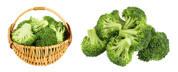 Wall Mural - fresh broccoli in wicker basket isolated on white background close-up with full depth of field