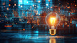 © BOW_NAPASORN - A light bulb is lit up in a cityscape. The light bulb is surrounded by a glowing, colorful background. Concept of innovation and progress, as the light bulb represents a symbol of modern technology