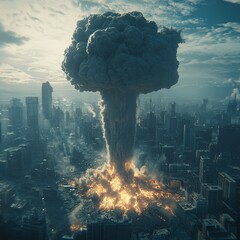 Wall Mural - A large mushroom cloud rises over a city after a nuclear explosion.