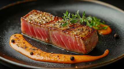 tuna steak on a elegant plate with a swirl of sauce