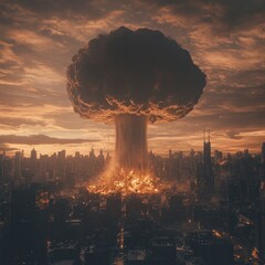 Poster - A large mushroom cloud rises over a city skyline, engulfing buildings in flames and smoke.