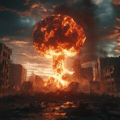 Poster - A large mushroom cloud rises over a destroyed city, a symbol of nuclear war and its devastating consequences.