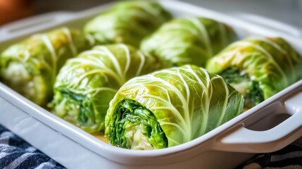 Poster - A white dish filled with cabbage rolls covered in sauce, AI