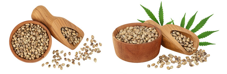 Poster - Hemp seeds in wooden bowl isolated on white background with full depth of field. Top view. Flat lay