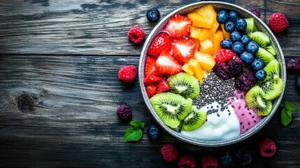 Overhead photo of a healthy breakfast bowl with colorful vegetables, seeds, t, arranged beautifully on a wooden table