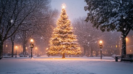 Wall Mural - A large, illuminated Christmas tree stands in a snowy town square, surrounded by lampposts and snow-covered trees.