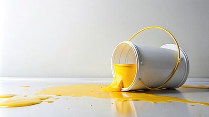 White bucket with spilled yellow paint on white surface