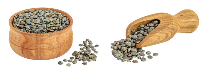 Wall Mural - raw french green lentils in wooden bowl and scoop isolated on white background with full depth of field