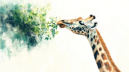 Poster - Giraffe Reaching for Leaves in a Watercolor-Style Painting