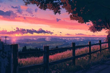 Wall Mural - A Tranquil Sunset Overlook With A Rustic Fence And A View Of Distant Rolling Fields Lit By Sunset. Cozy Vibe, Generative AI