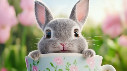 Canvas Print - A small rabbit sitting in a cup with flowers and grass, AI