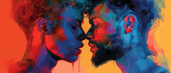 Wall Mural - Artistic illustration of gay couple with face to face embracing