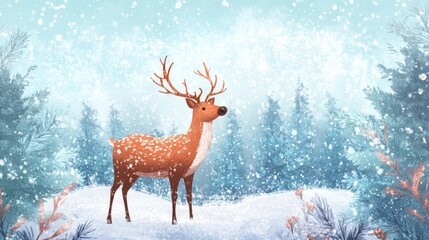 Sticker - A lone deer stands in a snowy forest, looking to the right, with falling snow.