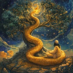 Poster - A lone figure sits beneath a tree with a golden trunk reaching towards the stars in a starry night sky.