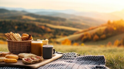 A serene picnic scene featuring delicious pastries and beverages on a cozy blanket amidst a beautiful landscape.