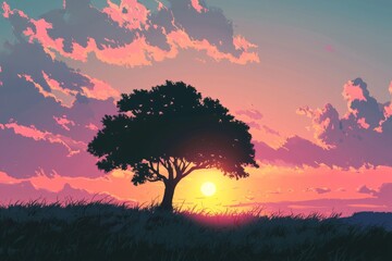 A Tranquil Sunset Overlook With A Silhouette Of A Lone Tree And A Vibrant Sunset. Cozy Vibe, Generative AI