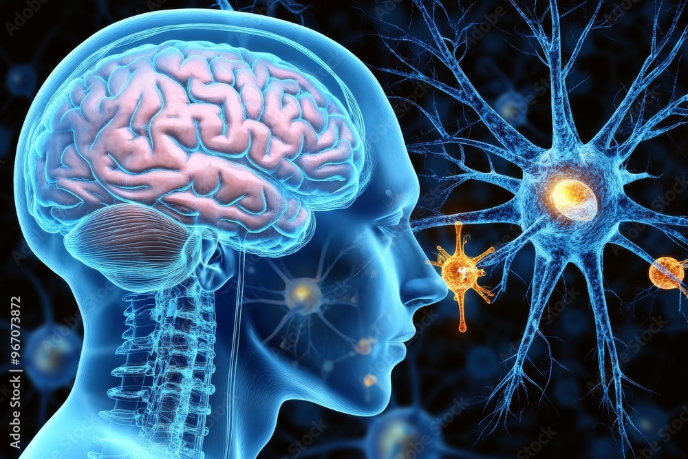 Neural impulse brain signals and brain disorder neuron illuminated in a ...