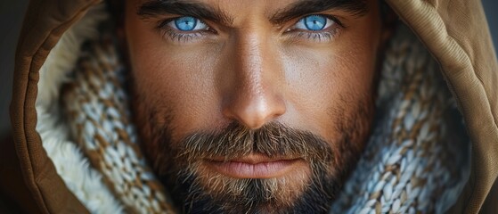 A man with a beard and blue eyes is wearing a hoodie 