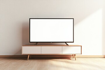 Wall Mural - Front view of a light TV stand with a blank white TV screen in a room with a wooden floor