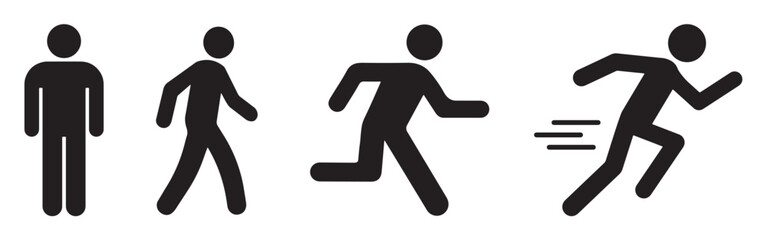 Running and walking people icons. Man stands, walk and run illustration. People symbol. Run, walk, stand. Vector illustration