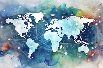 Abstract world map with network connections on a colorful watercolor background for global concepts
