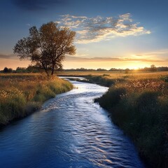 Wall Mural - A lone tree stands on the bank of a winding river at sunset.