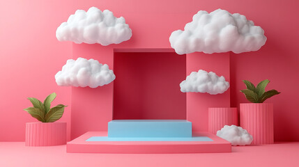 Bright pink backdrop with whimsical clouds, plants, and a stylish blue platform, ideal for creative and playful concepts.