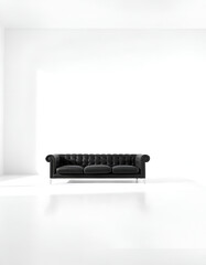 Wall Mural - Empty room, white walls, black leather sofa