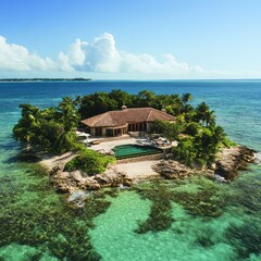 Poster - A luxurious private villa sits on a small island in the Caribbean Sea, surrounded by turquoise water and lush vegetation.