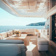 Sticker - A luxurious yacht deck with white furniture, a wooden floor, and a view of the ocean and a distant coastline.