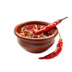 A bowl of spicy red chili sauce garnished with fresh herbs and red chilies on a transparent background