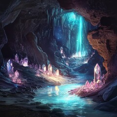 Poster - A magical cave with a waterfall and glowing crystals.