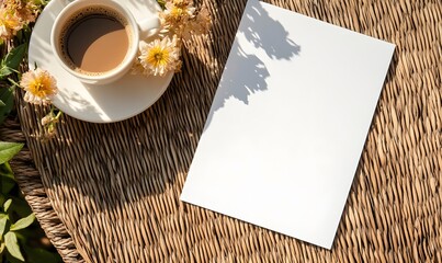 blank A4 menu lying on a wicker table with coffee and flowers next to it