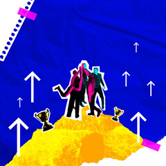 Wall Mural - Group of people high-fiving on top of bright peak, with trophies surrounding them. Arrows pointing up symbolizing teamwork and shared success. Contemporary art collage. Concept of business, success