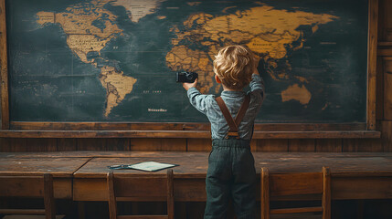 “A Boy Standing in Front of a Blackboard Writing Out Mathematical Equations, Capturing the Essence of Classroom Learning and Education, Ideal for Educational Content, School Themes, and Academic Illus