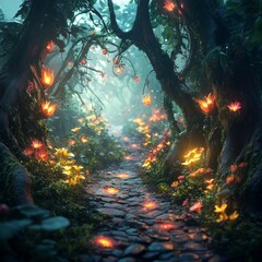 Poster - A magical, misty forest path with glowing flowers and butterflies.